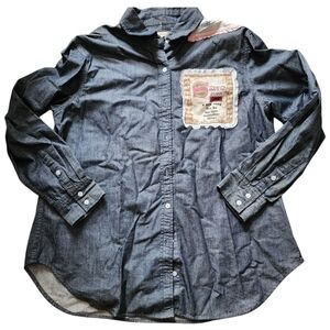 Denim Button-Up Shirt with Patchwork